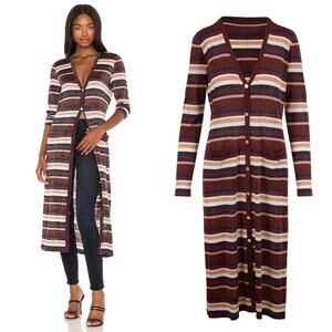 NEW L'AGENCE Multi Striped Lurex Long Duster Cardigan Glitter Brown Cream XS